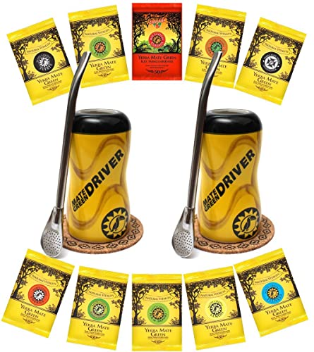 Mate Green Yerba Mate Tee Set für zwei Personen 10x50g | Mate Green Tee Set 10x50g, Keramiker Becher Drive x2, 19cm Bombilla x2, Korkpad x2 | Ein tolles Geschenk für zwei von Mate Green