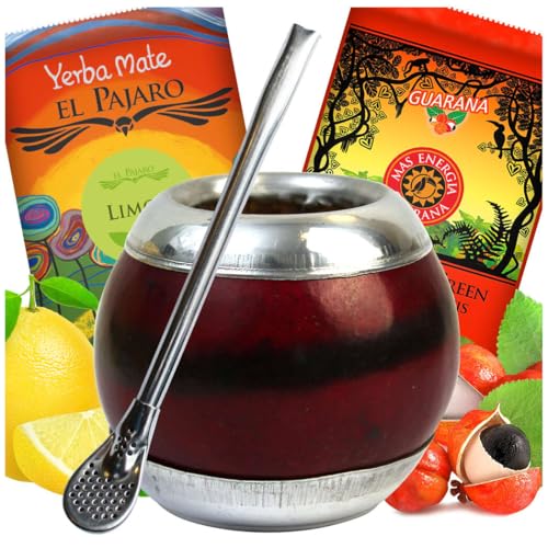 Mate Green Yerba Mate-Tee Set mit Natürlich Kalebasse PERLE | Brasilian Mate Tee mit Guarana und Früchten | Paraguayisch mate-tee mie Zitrone | hilenische Kalebasse | Calabaza | Yerba Mate 100g von Mate Green