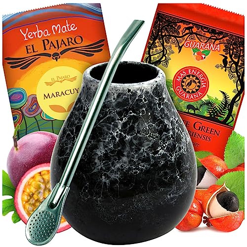 Mate Green Yerba Mate Tee Starter Set mit Keramik tasse 350ml und Edelstahl Bombilla - Brasilianische mate-tee 2x50g Guarana und Passionsfrucht - Vegan, Ohne Gluten von Mate Green