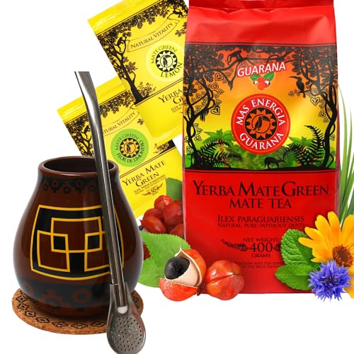 Yerba Mate-Tee Mate Green Starter Set ● Mate Tee MATE GREEN mit Guarana und Mango Aroma 400g ● Keramik mate becher keramik Kalebasse PERU 350ml ● Mate becher ● Edeltahl trinkhalm Bombilla Liza 19cm von Mate Green