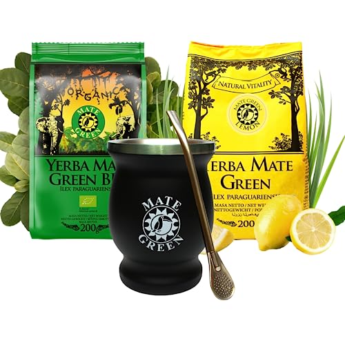 Mate-Tee Brasilian Set | Yerba mate tee mit Zitrone 200g | Mate Green mate-tee BIO 200g | Edelstahl Teebecher Termomate 220ml | Stahl Trinkhalm Bombilla Liza 19cm - yerba mate-tee loose leaf 400g von Mate Green