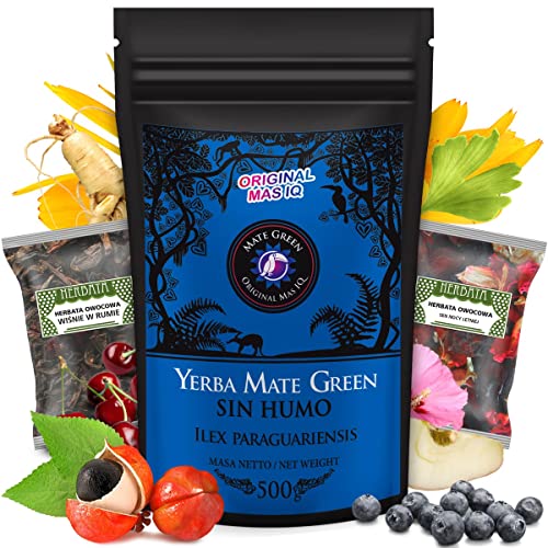 Mate-Tee Mate Green mit Frücht Set 600g ● Yerba Mate Green Mas IQ Sin Humo 500g ● Früchtetee 2x50g ● Traditioneller brasilianischer Mate Tee von Mate Green