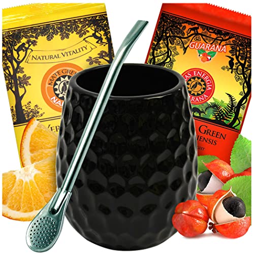 Mate Tee Mate Green set | Keramik Mate Tee Tasse Schwarz| Mate-Tee becher Querida | Mate-Tee mit Orange 50g | Mate Tee mit Guarana | Frucht Yerba Mate-Tee Loose leaf 100g | Stahl trinkhalm Bombilla von Mate Green