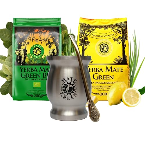 Mate-Tee Set 'MATE GREEN' mit StahlTassen | Yerba mate-tee mit Zitrone 200g | Mate Tee BIO 200g loose leaf | Edelstahl matebecher Termomate Silver 220ml | Stahl Trinkhalm Bombilla 19cm von Mate Green