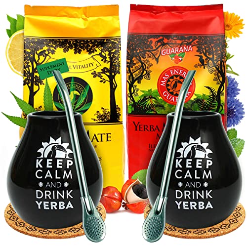 Mate Tee Set fur Zwei | Brasilien Yerba Mate-Tee Mate Green mit Guarana, Frucht und Krauter 800g | Mate Tee Tasse- Keramik mate-tee becher Schwarz | Stahl Trinkhal Bombilla von Mate Green