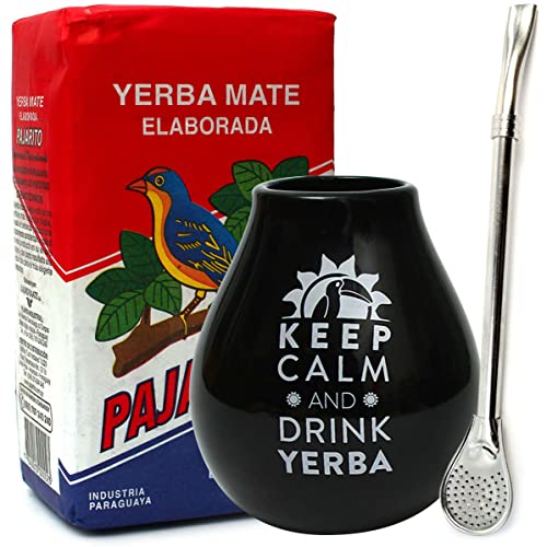 Pajarito Mate Tee Starter Set | Paraguya Yerba Mate-Tee Pajarito 500g | Keramik mate tee becher Szwartz tasse 350ml | Stahl Trinkhalm Bombilla von Mate Green