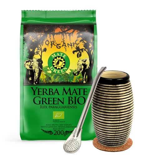 Set Yerba Mate Green Bio 200g ● Organic Mate-Tee aus Brasilien ● Keramik becher Motorista 260ml ● mate tee tasse ● Edeltahl trinkhalm Bombilla ● Kork-Pad ● Stainless steel von Mate Green