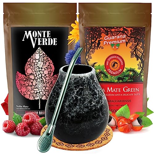 Set Yerba Mate-Tee Mate Green und Monte Verde 1000g | Keramik Tee Tasse Marmol Dark 350ml | Brasilian Mate-Tee Mate Green mit Guarana 500g und Monte Verde matetee mit raspberry 500g | Accessories von Mate Green