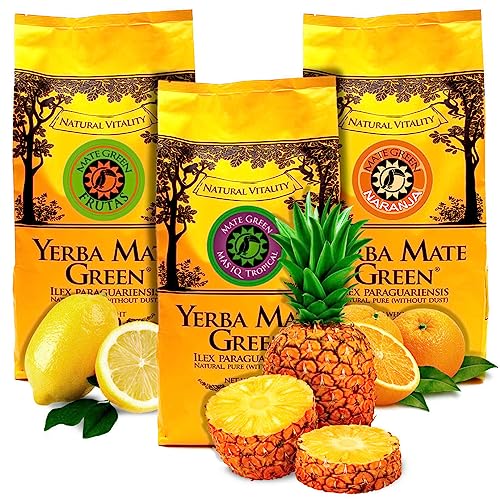 Set von 3 x köstlichsten Yerba Mate Green Mas IQ Tropical mit Guarana und Kräutern 1 kg Yerba Mate Grün Naranja Orange und Lapacho 1 kg Yerba Mate Grün Frutas Goji Himbeere Erdbeere 1 kg von Mate Green