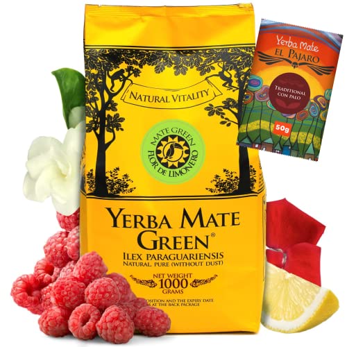 Yerba Mate-Tee Mate Green FLOR DE LIMONERO 1kg ● Brasilian Himbeer Mate Tee ● Matetee aus Mateblättern ● luftgetrocknet ● Natürlicher paraguayisch Mate 50g ● Yerba Mate Tee loose leaf 1050g von Mate Green