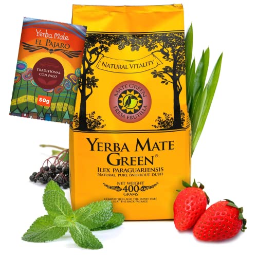 Yerba Mate Green 'Fresa Frutilla' 400g | Brasilianischer Mate-Tee mit Erdbeerfrüchten, Minze, Zitronengras und Holunderfrüchten | Natürliche Zutaten | Lose grüne Mateblätter | 50g El Pajaro von Mate Green