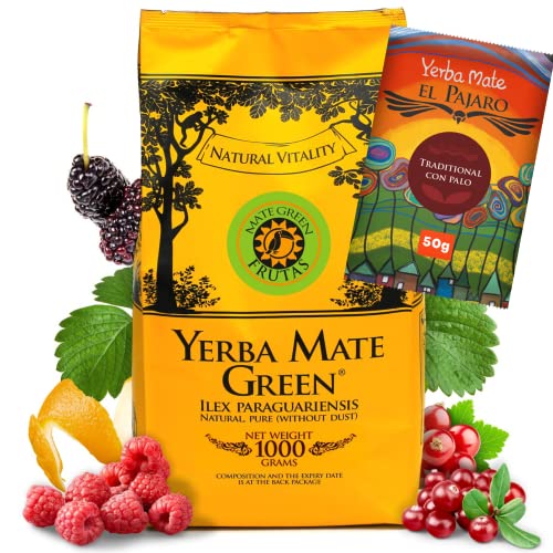 Yerba Mate Green Frutas 1kg ● Fruchtig mate-tee ● Kranichbeere ● Goji-Beeren ● luftgetrocknet ● Traditionell Paraguya mate-tee El Pajaro 50g von Mate Green