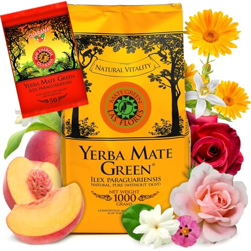 Yerba Mate Green LAS FLORES 1kg ● Brasilian pfirsiche Yerba Mate-Tee ● Jasmin ● Matetee aus Mateblättern ● Natürliche Aromen ● Yebra Mate-Tee mit Guarana 50g ● Yerba Mate Tee loose leaf 1050g ● Vegan von Mate Green