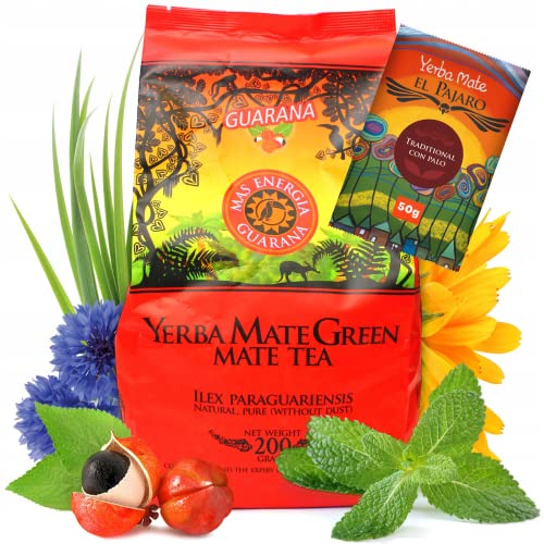 Yerba Mate Green 'Mas Energia Guarana' 200g mit Paraguya yerba mate-tee 50g ● Brasilianischer Mate luftgetrocknet ● fruchtiges Yerba Mate Tee ● Guarana pulver ● Minze ● ohne künstliche Zusätze von Mate Green