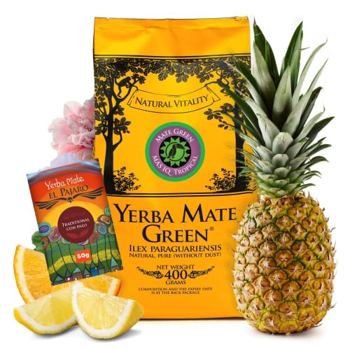 Yerba Mate Green 'Mas Iq Tropical' Brasilianischer Mate-Tee 400g | fruchtiges Mate Tee | mit Ananas, Zitronenschalen, Orangenschalen, Sonnenblumen, Sibirischer Ginseng, Malvenblüten | 50g El Pajaro von Mate Green