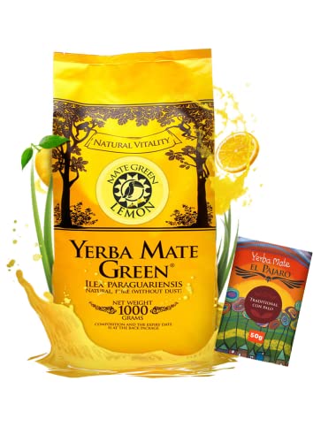 Yerba Mate Green Mate-Tee LEMON 1kg ● Brasilian Zitronen Mate Tee ● Mate-Tee mit Zitrus-Aroma ● luftgetrocknet ● Natürlicher paraguayisch Mate 50g ● Mateblättern ● Yerba Mate-Tee loose leaf 1050g von Mate Green