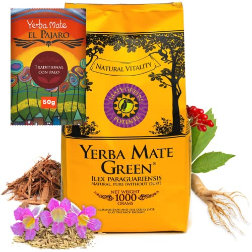 Yerba Mate Green ● POTENTE ● Brasilianischer Mate Tee 1000g +50g El Pajaro ● Starker Geschmack und reine Kräuterkraft ● Lapacho, Ginseng, Muira Puama, Natürliches Aroma ● Mate Tee Loose Leaf 1050g von Mate Green