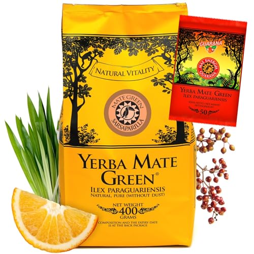 Yerba Mate Green SARSAPARILLA 400g ● Süß und Erfrischend Mate-Tee ● Sarsaparillablätter ● Matetee aus Mateblättern ● Yebra Mate-Tee mit GUARANA 50g ● Yerba Mate Tee loose leaf 450g ● Vegan von Mate Green