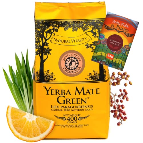 Yerba Mate Green 'Sarsaparilla' Brasilianischer Mate-Tee 400g + 50g El Pajaro ● Süß und Erfrischend Mate Tee ● mit Sarsaparillablätter, Zitronengras ● Hohe Qualität ● Stark anregender MateTee von Mate Green