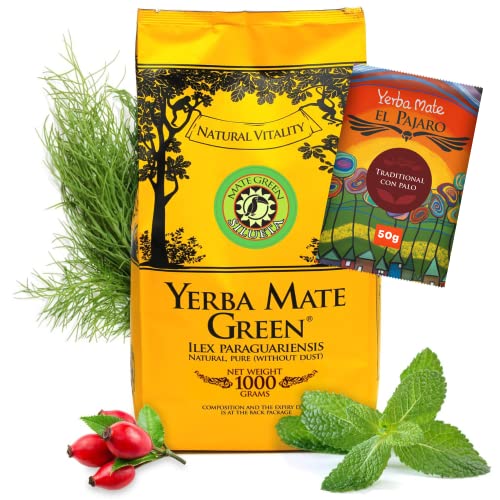 Yerba Mate Green Silueta 1000 g ● Leicht Süß und Sauer Mate Tee ● mit Minzblatt, Hagebutte ● Fenchelfrucht und Apfelaroma ● Hohe Qualität Großes Paket ● Mate Tee Loose leaf 1kg + El Pajaro 50g von Mate Green