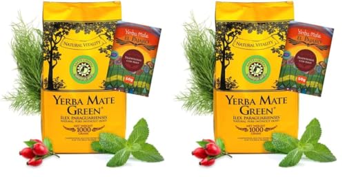 Yerba Mate Green Silueta 1000 g ● Leicht Süß und Sauer Mate Tee ● mit Minzblatt, Hagebutte ● Fenchelfrucht und Apfelaroma ● Hohe Qualität Großes Paket ● Mate Tee Loose leaf 1kg + El Pajaro 50g von Mate Green
