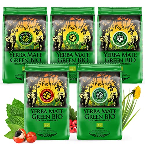 Yerba Mate Tee BIO Set 5x200g | Brasilianisch mate-tee bio mit Kräuter | Yerba Mate-Tee mit guarana und Zitronengras | Traditionell mate tee despalada ohne Stöcke loose leaf 1000g von Mate Green