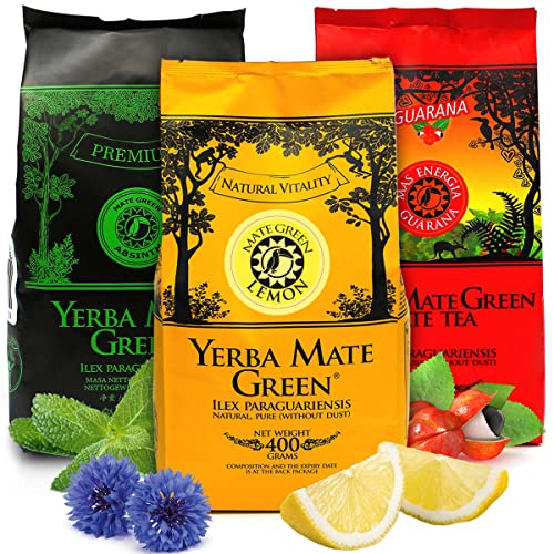 Yerba Mate Tee Brasilian Set | Mate-Tee mas energia Guarana mit Guarana 400g | Yerba Mate-Tee Lemon mit Zitrone 400g | Mate Tea Absinth mit Krauter 400g | Yerba Matetee loose leaf 1,2kg von Mate Green