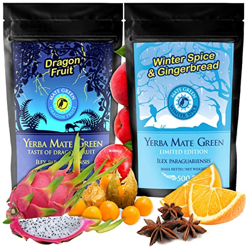 Yerba Mate-Tee FRUIT Set 2x500g ● Mate Tee Dragon Fruit mit Pitaja Frucht 500g ● Mate-Tee Winter Spice mit Ingwer, Apfel und Anis 500g ● Brasilian Mate-Tee mit Fruchte und Krauters loose leaf 1kg von Mate Green