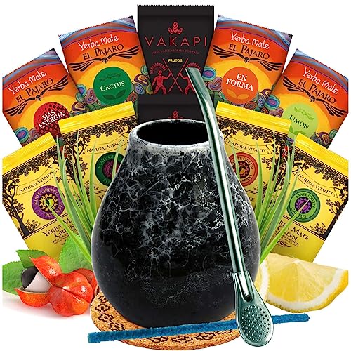 Yerba Mate-Tee MARMOL Set | Mate Tee Set 10x50g mit Krauters und Frucht 500g | Paraguya ind Brasilian Mate MIX | Keramik Tee Tasse MARMOL mate-tee becher | Accessories von Mate Green