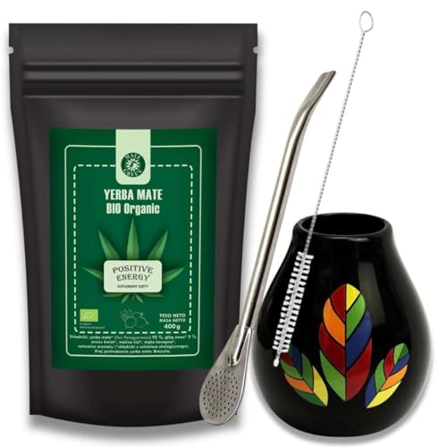 Yerba Mate-Tee Mate Green BIO Set ● BIO organic yerba mate tee Positive Energy 400g ● Keramik mate-tee tasse Hoja Becher 350ml ● Stahl trinkhalm bombilla Liza ● Organisher Lose Blätter Mate Tee von Mate Green