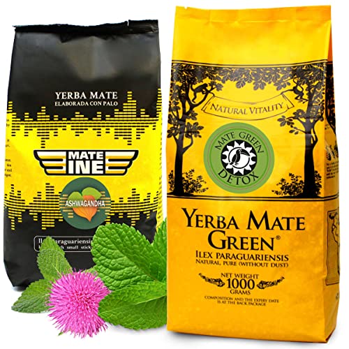 Yerba Mate Tee Mate Green DETOX Set 1500g | Mate-Tee Detox mit Krauter 1kg | Paraguya Yerba Mate-Tee Mateine Ashwagandha 500g | Green Mate mit Krauters und Ashwagandha loose leaf 1,5kg von Mate Green