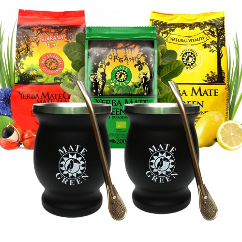 Yerba Mate-Tee 'Mate Green' Set | Mate Tee mit Guarana 200g | Yerba Mate-Tee BIO 200g | Mate-Tee mit Zitrone 200g| Stahl matetee becher Double Wall Black und Edelstahl Trinkhalm von Mate Green