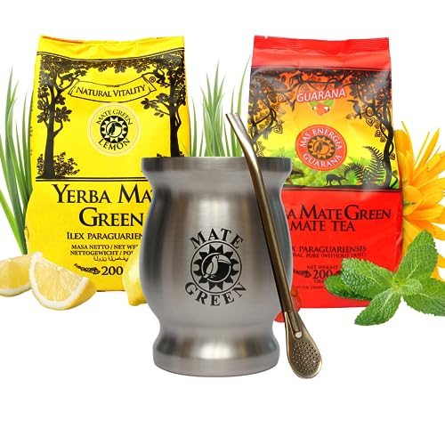 Yerba Mate Tee 'Mate Green' Set | Mate-Tee mit Guarana 200g | Yerba mate-tee mit Zitrone 200g| Edelstahl becher Silver tee tassen 220ml | Stahl Trinkhalm Bombilla | Brasilian mate tee loose leaf 400g von Mate Green