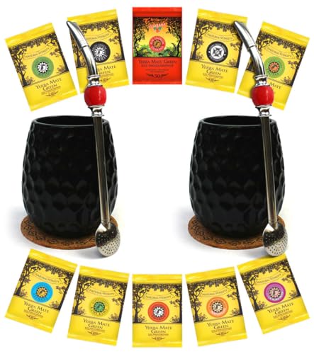 Yerba Mate-Tee Mate Green Set für Zwei | Keramik mate tee becher Querida tasse kalebassen | Mate-Tee aus Brasilian 10x50g loose leaf 500g | Stahl Bombilla Trinkhalm Straw von Mate Green