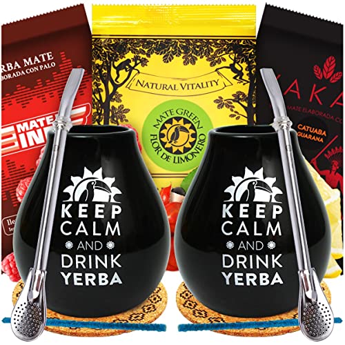 Yerba Mate-Tee Mate Green Set für zwei Personen 150g | Mate Tee mit Guarana und Frucht | Yerba Mate-Tee loose leaf | Keramik Mate Becher Schwarz 350ml | Stahl Trinkhalm Bombilla Liza 19cm von Mate Green