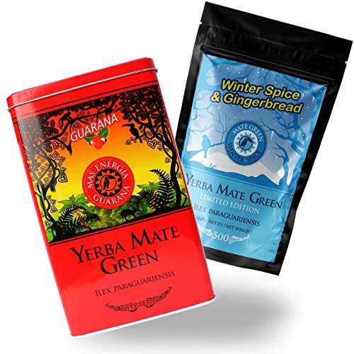 Yerba Mate Tee Mate Green Winter Spice Set 500g | Yerbera Stahlbox Mate Green Mas Energia Guarana | Yerba Mate Tee Mate Green Winter Spice & Gingerbread 500g von Mate Green