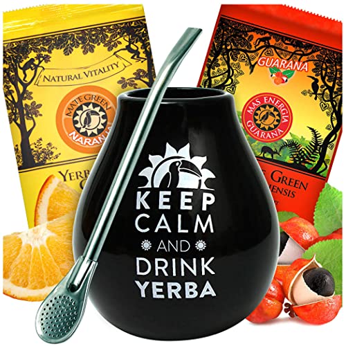 Yerba Mate Tee Mate Green set | Keramik Mate Tee Tasse Schwarz| Mate-Tee becher | Mate-Tee mit Orange 50g | Mate Tee mit Guarana | Frucht Yerba Mate-Tee Loose leaf 100g | Stahl trinkhalm Bombilla Liza von Mate Green