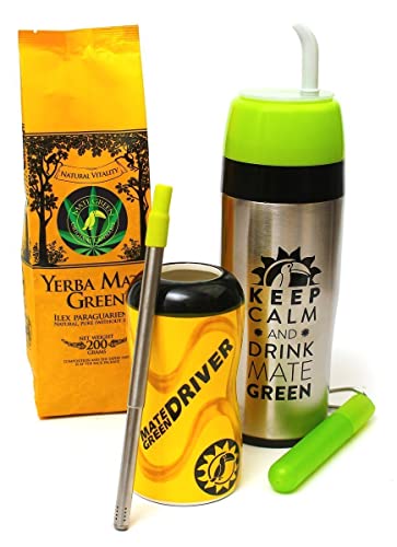 Mate Tee Outdoor Set 200g ● Yerba Mate-Tee Mate Green Absinth 200g ● Yerbomos Thermoskanne 350ml grün ● Keramik Mate Tee Becher 200ml ● Bombilla-Trinkhalm Turismo von Mate Green