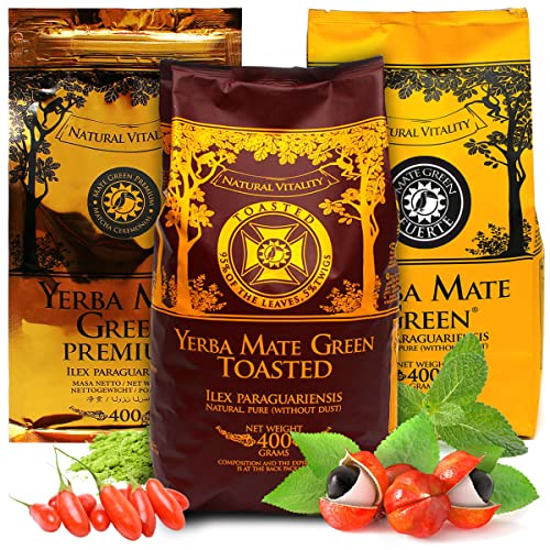 Yerba Mate Tee PREMIUM Set Mate Green | Mate-Tee Premium 400g | Yerba Mate Tee Toasted geröstet mate 400g | Yerba Mate-Tee Fuerte mit Krauter 400g | Brasilian mate tee loose leaf 1,2kg von Mate Green