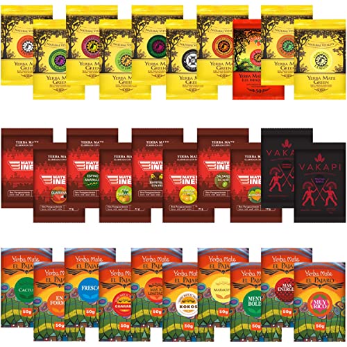 Yerba Mate Tee Set 30x50g ● Mate-Tee Green 10x50g ● Mate Tee Mateine 8x50g ● Yerba Mate-Tee Vakapi 2x50g ● Mate Tee El Pajaro 10x50g ● Yerba Mate-Tee mit Frucht 1500g ● Mate-Tee lose Blätter 1,5kg von Mate Green