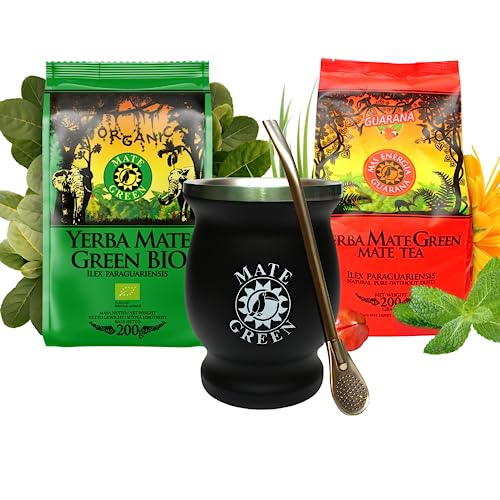 Yerba Mate-Tee Set 400g | yerba Mate Tee mit Guarana 200g, BIO mate-tee 200g | Stahl tee becher Kalebasse doppelwand tassen shwarz 230ml | Stahl Staw Bombilla 19cm | Brasilian mate loose leaf 400g von Mate Green
