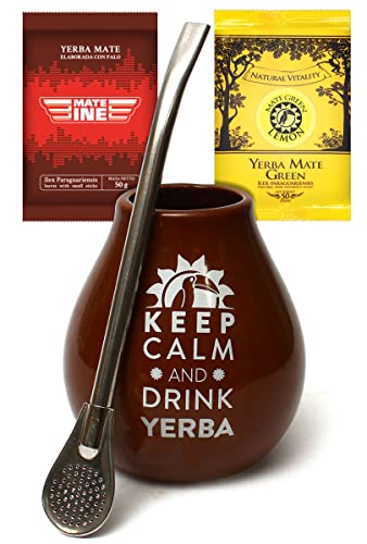 Yerba Mate Tee Set ● Keramik Mate Tee Tasse Braun ● Mate-Tee 2x50g ● Bombilla Trinkhalm Liza 19cm ● Mate Tee Becher ● Yerba Mate Tee mit Frucht von Mate Green