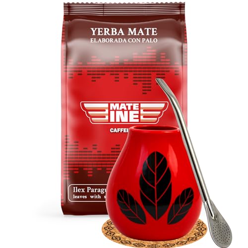 Yerba Mate-Tee Set●Paraguayische Yerba Mate Mateine Caffeine 500g● Keramik mate-tee tasse Hoja Red 350ml● Edelstahl trinkhalm Bombilla 19cm● Yerba-Mate-Tee-Strohhalm●Korkpad● Mate-Trinkgefäß von Mate Green