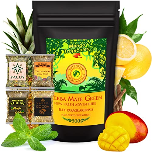 Yerba Mate Tee Set ● Mate-Tee Mate Green Mango Tropicales 500g ● Mate Tee Set 4x25g ● Mate Tee mit Frucht ● Yerba Mate-Tee mit Mango, Ananas, Zitrone von Mate Green