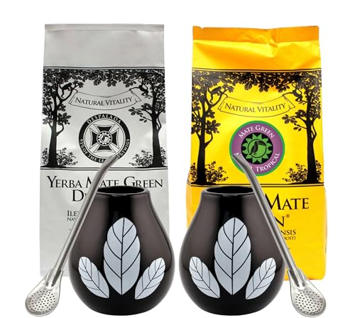 Yerba Mate-Tee Set für Zwei ● 200g Mate Green Mas IQ Tropical ● 200g Mate Green Despalada 200g ● 2x Keramik becher Hoja 350 ml mate tee tasse ● 2x Edeltahl trinkhalm Bombilla ● Guarana von Mate Green