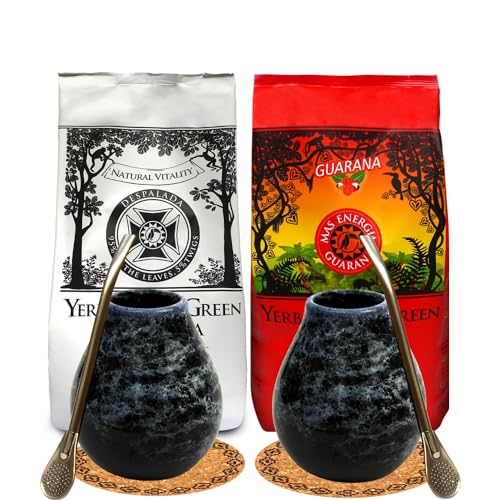 Yerba Mate Tee Set für Zwei Personen – Mate Green Mas Energia Guarana 200g & Despalada 200g – 2 Marmol Blue Keramik Tassen 350ml – 2 Edelstahl Bombillas – Mate-Trinkgefäß von Mate Green