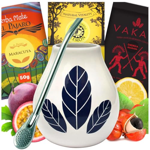 Yerba Mate-Tee Starter Set ● Brasilianischer Mate-Tee 3x50g ● Kräuter und Früchte Yerba Mate Tee ● Keramik Mate Becher Hoja Weiß 350ml Tasse ● Stahl Trinkhalm Bombilla ● Glutenfrei von Mate Green