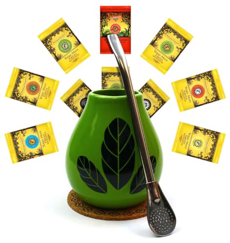 Yerba mate-tee Mate Green Kalebassen keramik becher Set | Yerba mate tee aus Brasilian 500g | Keramik tee tassen Hoja Grün mate-tee becher 350ml | Edelstahl trinkhalm bombilla 19cm und korkpad von Mate Green