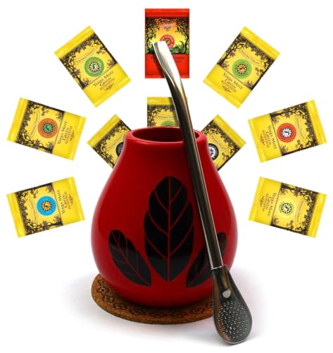 Yerba mate-tee Mate Green Kalebassen keramik becher Set | Yerba mate tee aus Brasilian 500g | Keramik tee tassen Hoja Rot mate-tee becher 350ml | Edelstahl trinkhalm bombilla 19cm und korkpad von Mate Green