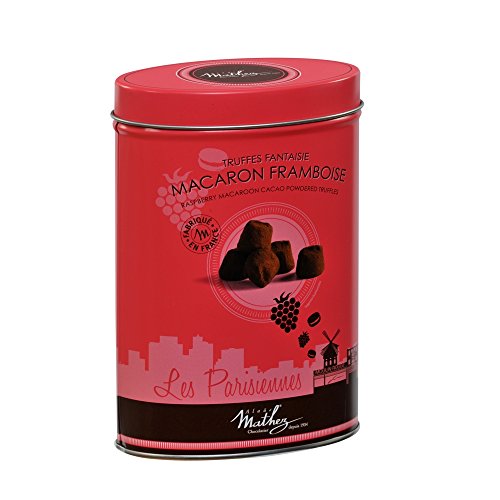 Mathez "Les Parisiennes" Trüffel mit Himbeer-Macarons in ovaler Metalldose von Chocolat Mathez
